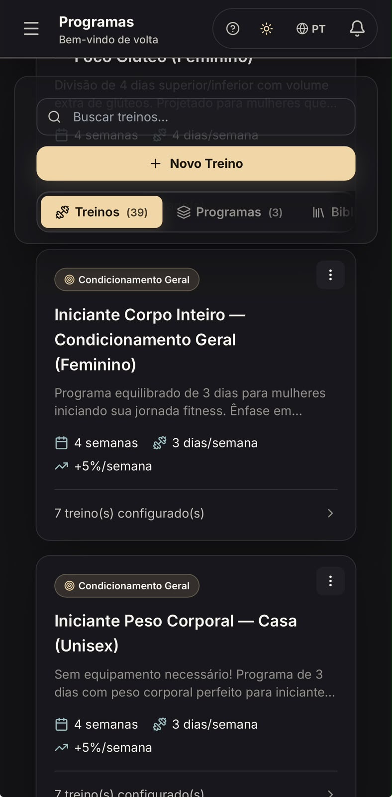 Biblioteca real do GymBud em tema escuro, mostrando programas de condicionamento geral e treino em casa.