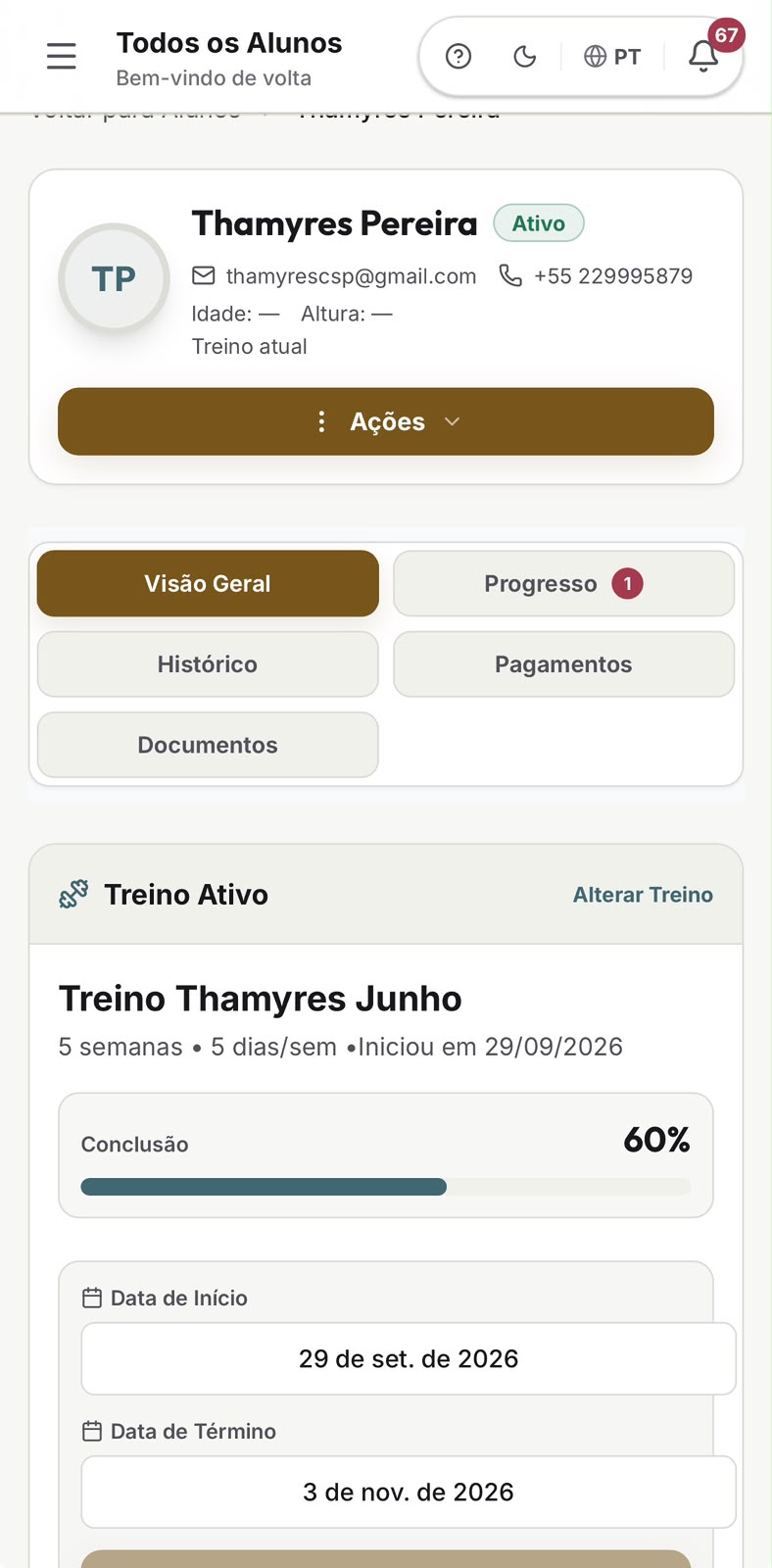 Perfil real do Aluno no GymBud, com programa ativo, percentual de conclusão e datas do programa.
